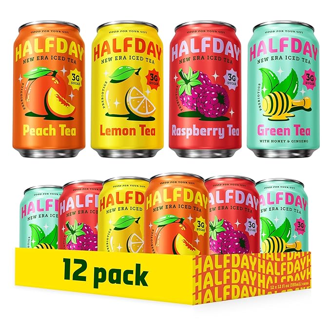 HALFDAY Prebiotic Iced Tea Lemon, Peach, Raspberry and Green Tea with Honey & Ginseng Variety Pack, Gut Health, Plant Fiber & Prebiotics, Low Sugar, 35 Calories, Natural Caffeine, 12 fl oz (12 pack) Packaging May Vary