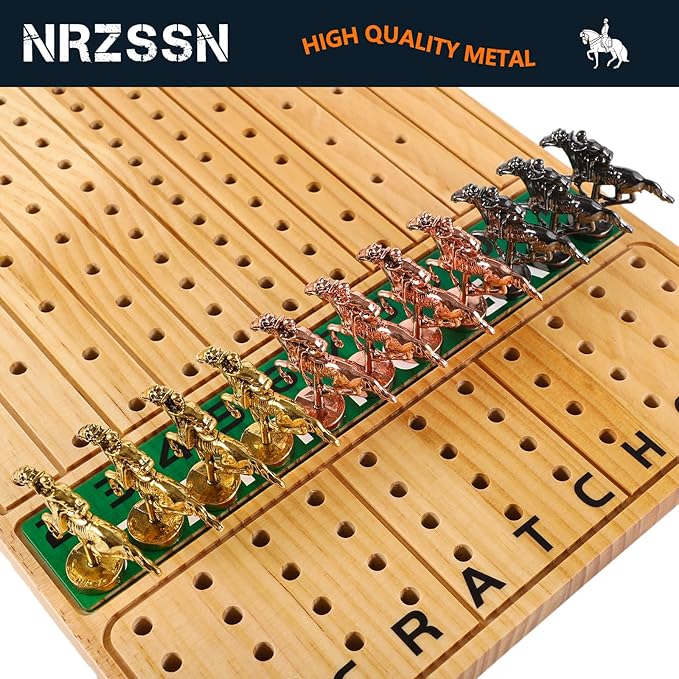 Horse Race Board Game with 11 Luxurious Durable Classic Metal Horses with 4 Dice and 2 Boxes of Cards Thickened Solid Wood Horse Racing Dice Game (Log Color，Rectangle)