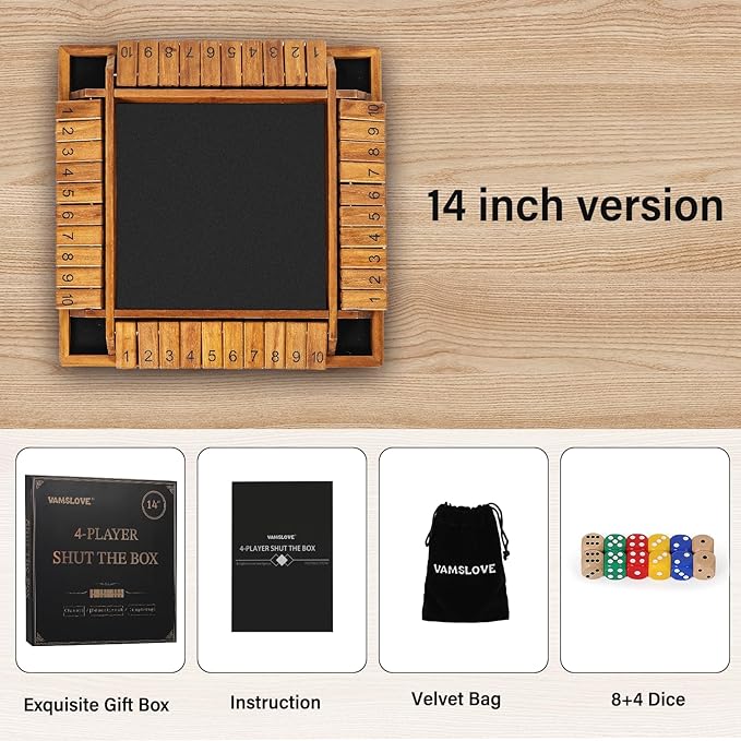 VAMSLOVE Upgraded 14 inches Shut The Box Dice Game Wooden Board Table Math Game with 8+4 Dice for 2-4 Player 4-Sided 10 Number Close The Box for Kids and Adult-Instruction Included