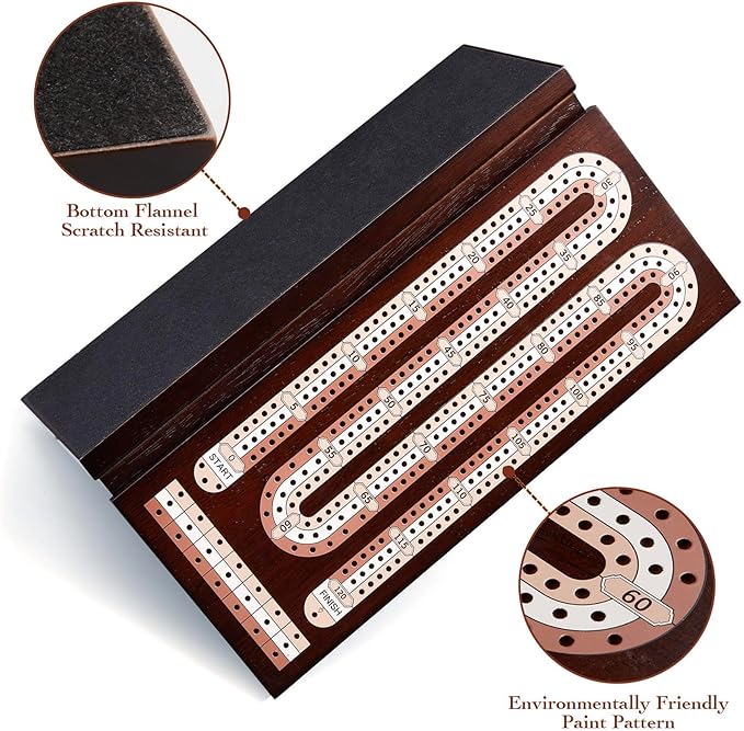 AMEROUS Wooden Cribbage Board Game Set with Magnetic Lock / 9 Metal Pegs / 2 Decks of Playing Cards/Larger Storage Area/Instruction, Classic Tabletop Game for Family (3 Track Board)