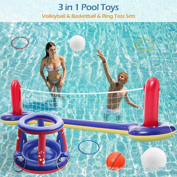 Jasonwell Pool Toys Games Set - 3 in 1 Pool Volleyball Net Basketball Hoop Ring Toss Game Inflatable Floats Water Floating Volleyball Swimming Pools Party Game Accessories Toy Gift Kids Teens Adults