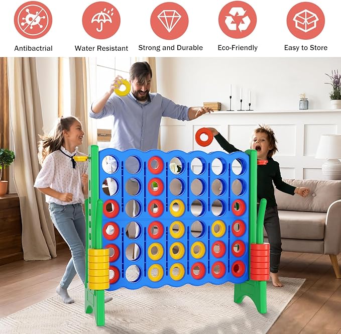 Oversized 4 in a Row Connect Game+Waterproof Carry Bag,Included-4 ft X 3.5 ft Tall,4-to-Score Jumbo with 42 Pieces Rings&Drink Holder,48” Super Size-Indoor&Outdoor Giant 4 Game for Kids&Adults