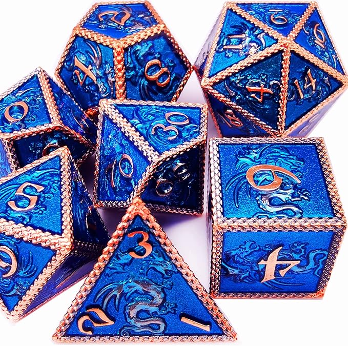 HAOMEJA Dungeons and Dragons Dice Metal Dragons Dice Set DND D&D Dice RPG Games (Glitter Red Copper Blue)