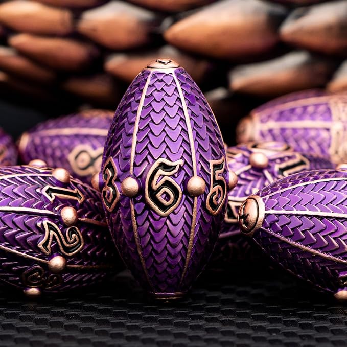 ARUOHHA DND Metal Dice Copper Purple Dragon Egg Dice with Metal Box, Role Playing Game RPG Polyhedral D and D Dice Set D20 D12 D10 D8 D6 D4