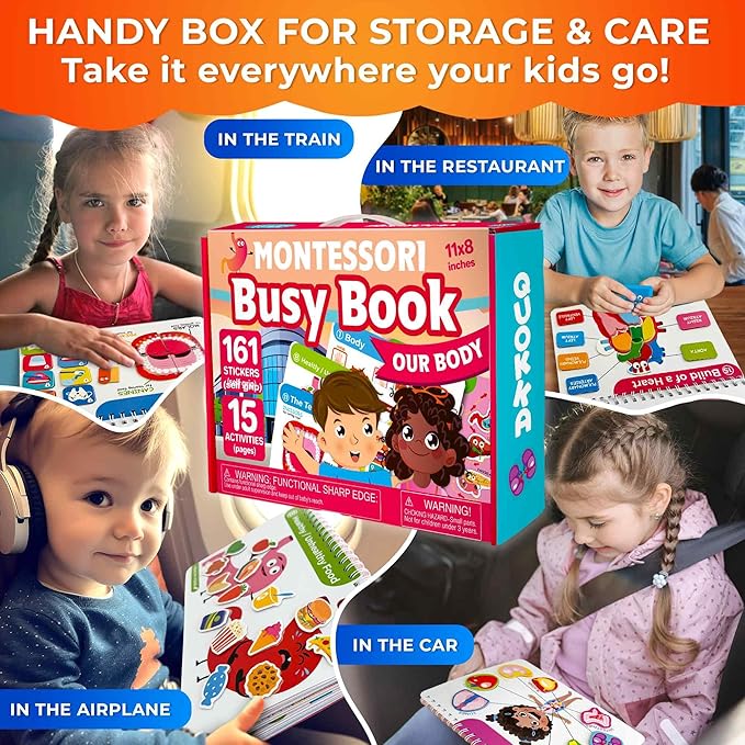 QUOKKA Human Body Busy Books for Kids Ages 4-8 - Fun Human Anatomy Activities for Kids Learning at Home or Classrooms - My Preschool Montessory Busy Book for Toddlers 3-5 I Comes Fully Assembled