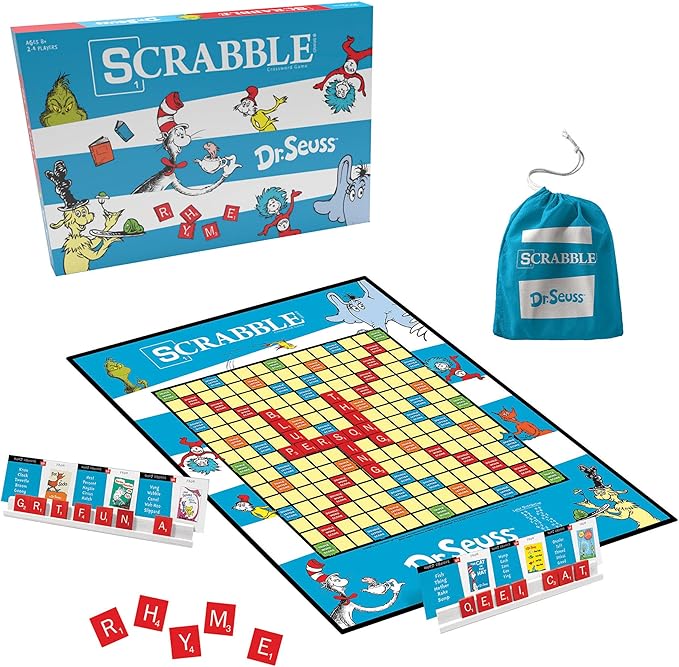 Scrabble Dr. Seuss Board Game | Official Scrabble Game with a Rhyming Twist | Custom Dr. Seuss Cards and Themed Scrabble Board | Bonus Points | Play Traditional Rules Plus New Features