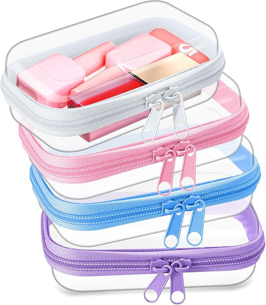 Hoolerry 4 Pcs Hard Clear Zipper Case Transparent Cases for Snacks Makeup Bag Plastic Storage Box Containers for Building Blocks, Puzzles, Cosmetics(Multicolor,5 x 3 x 2 in)