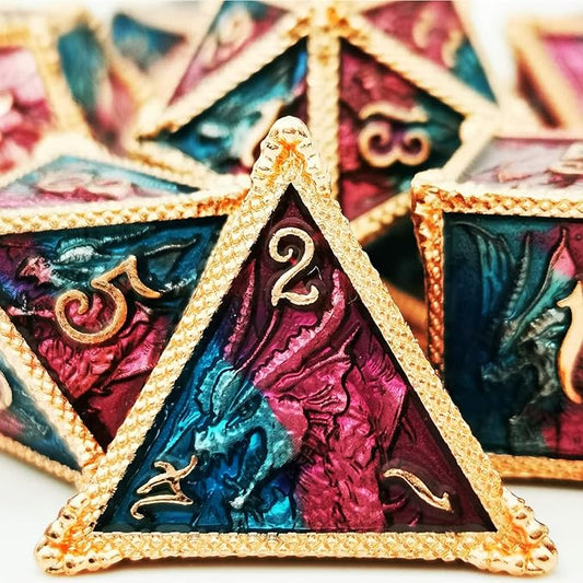 HAOMEJA DND Dice Metal Dragon Set Dice 7 Role Playing Dice D&D Solid Dice Dungeons and Dragons (Red Copper Blue Purple)