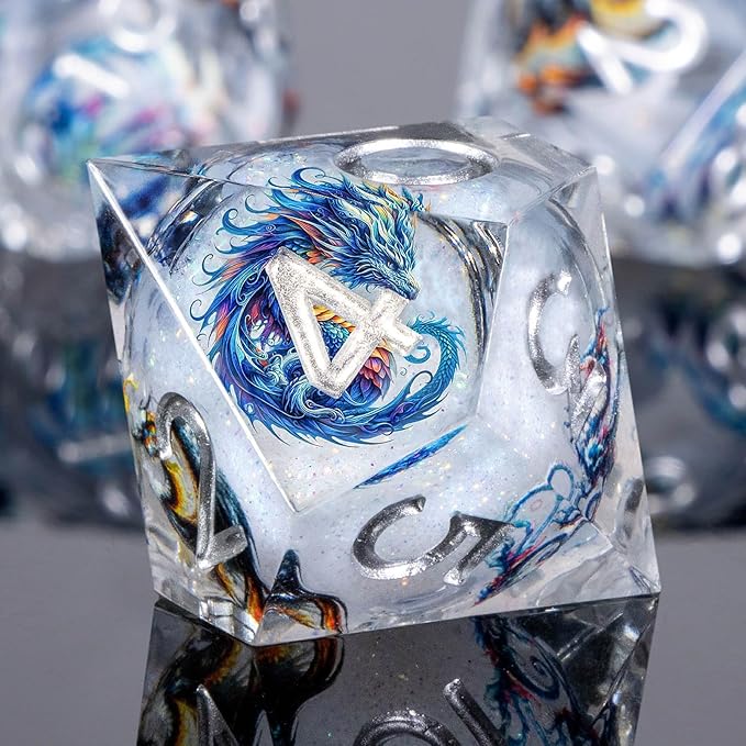 Dragon Pattern Liquid Core DND Dice Set, 7Pcs Sharp Edge D&D Dice with Gift Box, White Resin Dungeons Dragons D and D Role Playing Dice D20 D12 D10 D8 D6 D4