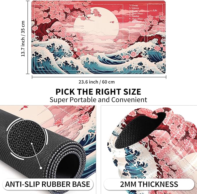 Playmat with Zones for MTG Card Game Playing, Game Mats Tabletop Magic Play Mats 24"x14" Commander Deck Gaming Desk Duel Mat Card Gameplay Mats for Beginner, Japanese Sakura Wave