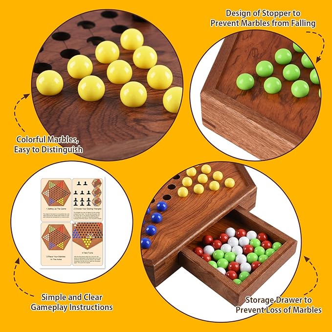 16.5" Large Chinese Checkers Upgraded Version Wooden Game Board, 16mm 60+12 Colorful Acrylic Marbles, Easy Grasping for Adults and Kids, with Storage Drawer, Fun for Family Gathering