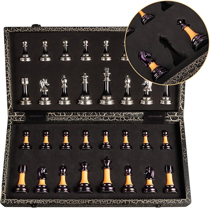 Chess Set 16" Wooden Foldable Black White Chess Board 3.5" Luxury Weighted Acrylic Chess Pieces with Storage Slots for Adults Children Gift Large