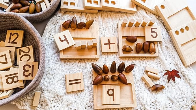 LITTLE BUD KIDS Counting Pegs - A Ten Frame Math Game with Addition and Subtraction Flash Cards, A Wooden Montessori Math Toy & Math Manipulatives Number Peg Boards for Kids 3 4 5 6 7