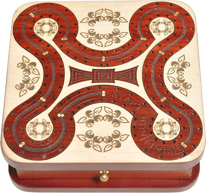 PALM ROYAL HANDICRAFTS 2 Track Wooden Cribbage Board - Two Player Cribbage (60 House) - Alphabet X Track Cribbage Board-2 Decks of Cards and pegs Available (5.5 x 5.5 Inches Small).