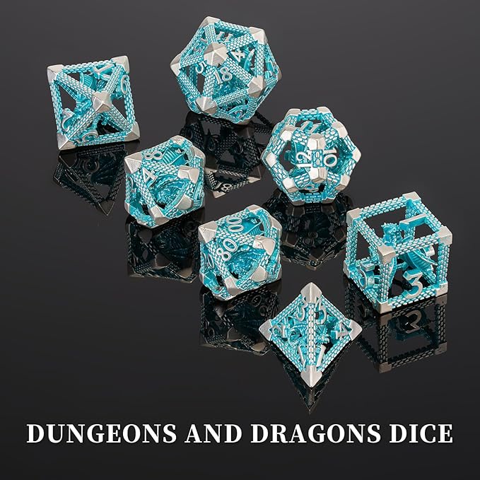 D&D Hollow Metal Blue White Dragons Polyhedral Dice Set,Dungeons and Dragons Gifts Dice for RPG and Tabletop Games(Blue White Dragon)