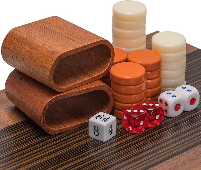 Yellow Mountain Imports Wooden Inlaid Backgammon Game Set, Pasadena - Classic Strategy Board Game Set with Acrylic Playing Pieces & Wooden Dice Cups, 15-inch Board
