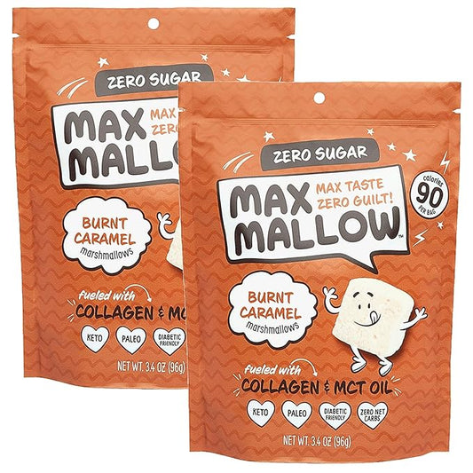 Max Mallow Sugar Free Marshmallows - Keto Friendly, Perfect for S'mores, Hot Chocolate, and Baking with Zero Sugar Snacks, Smores Mct Oil Zero Sugar Marshmellow Marshmallow Burnt Caramel, 2 Pack