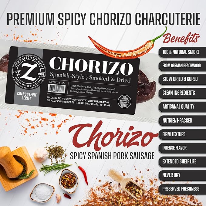 Zick’s Specialty Meats Spanish Chorizo Sausage (8oz) | Healthy & Organic Spanish Chorizo | Premium Naturally Cured Charcuterie Meat Series | Smoked & Dried Sausage | Gourmet Food | High-Protein Snack