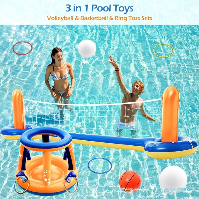 Jasonwell Pool Toys Games Set - 3 in 1 Pool Volleyball Net Basketball Hoop Ring Toss Game Inflatable Floats Water Floating Volleyball Swimming Pools Party Game Accessories Toy Gift Kids Teens Adults