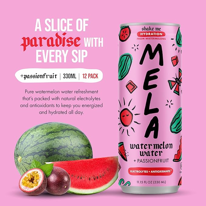 Mela Watermelon Water (12-Pack) - Natural Watermelon Juice Drink with Vitamin C, Electrolytes, Antioxidants - Coconut Water Alternative, Real Fruit Juice, Gluten-Free (Passionfruit, 11.15 fl oz)
