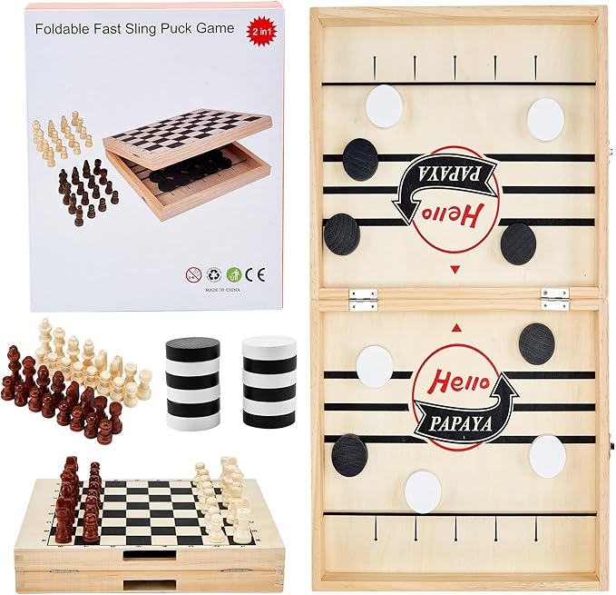 Foldable Fast Sling Puck Game with Chess Board and Checkers Board, Tic Tac Toe. Wooden Air Hockey Family Night,Table Games Gifts for Adults and Kids