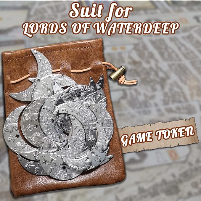 20 Fantasy Coins for DND Board Games Accessories & Leather Pouch for Waterdeep Metal Coins for Dungeons & Dragons Tablelap RPG Games Addons Medieval Game Retro Props