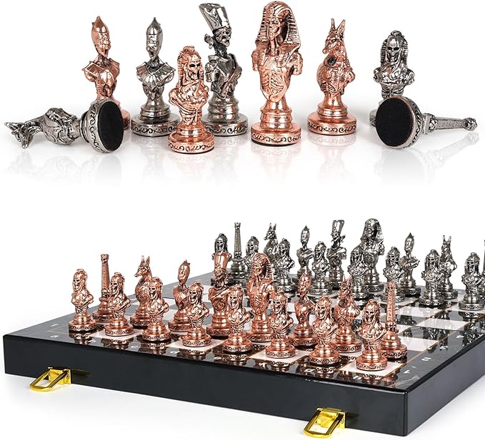 Large Egyptian Metal Chess Set for Adults with Travel Foldable Marbling 15-Inch Chess Board - Weighted Metal Chess Pieces- Luxurious Chess Sets for Collectors Family Vintage Board Game