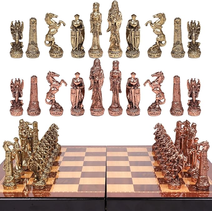 Vintage Figurine Metal Chess Set for Adults and Kids – Wooden Chess Board with Metal Chess Pieces Travel Chess Set with Metal Chessmen – Collectible Elegant Chess Game – Family Vintage Board Game
