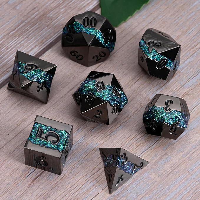 Metal RPG Dice Set,DND Polyhedral Dice Set 7pcs,Metallic Glitter Large Stripe Dice Set for Dungeons and Dragons Role Playing Games(Black Nickel Dark Green)