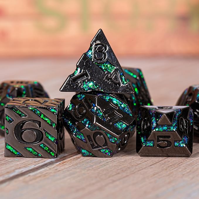 Metal Stripe Dice,Solid Metallic Glitter Stripes DND Dice with Gift Metal Box for Dungeons and Dragons Tabletop Game (Black Nickel Dark Green)