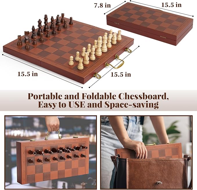 Magnetic Chess Set 15.5 Inch Chess Boards for Adults & Kids, Leather & Wooden Folding Board with Handmade Wood Pieces, Travel Chess Sets Game with Portable Handle for Beginners Professionals