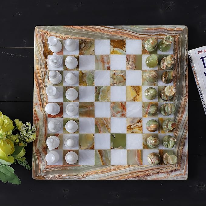 Handmade Marble Chess Set - Green Onyx & White (12 x 12 Inches) - Chess Sets for Adults - Premium Quality Chess Boards - Fancy Chess Boards