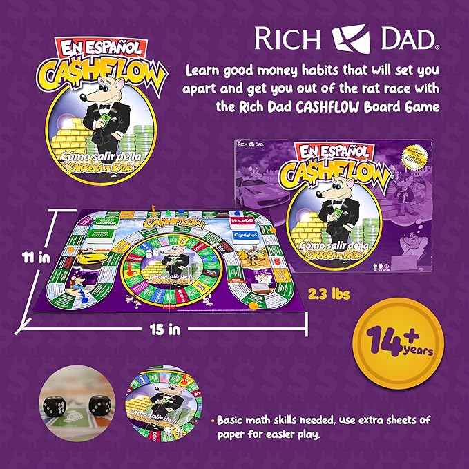 Rich Dad Cashflow Spanish Board Game with Message from Robert Kiyosaki, Up to 6 Players - Fun and Educational Learning Games for Boys, Girls, and Family