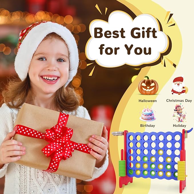 Giant 4-in-A-Row Connect Game Outdoor, Jumbo 4-to-Score Yard Games for Kids and Adults with Basketball Hoop Outdoor Party Family Holiday Games with 42 Rings & Quick-Release Slider