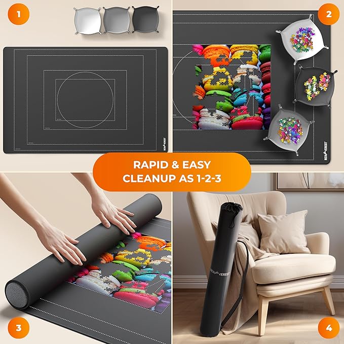 Newverest Jigsaw Puzzle Mat Roll Up, Saver Pad 55” x 35.5” Portable Keeper Up to 3000 Pieces with Non-Slip Rubber Bottom and Polyester Top + 3 Puzzle Sorting Trays, Travel-Friendly Storage Bag