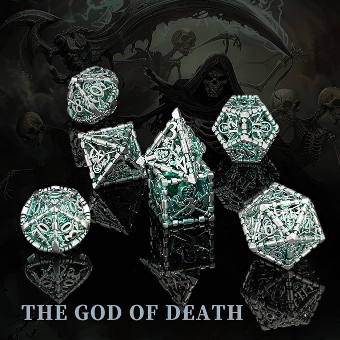 DND Hollow Polyhedral Dice Set, Metal Green White Grim Reaper of 7 Piece Role Playing Dice, for Dungeons and Dragon Dice or RPG MTG Table Game(Green and White)