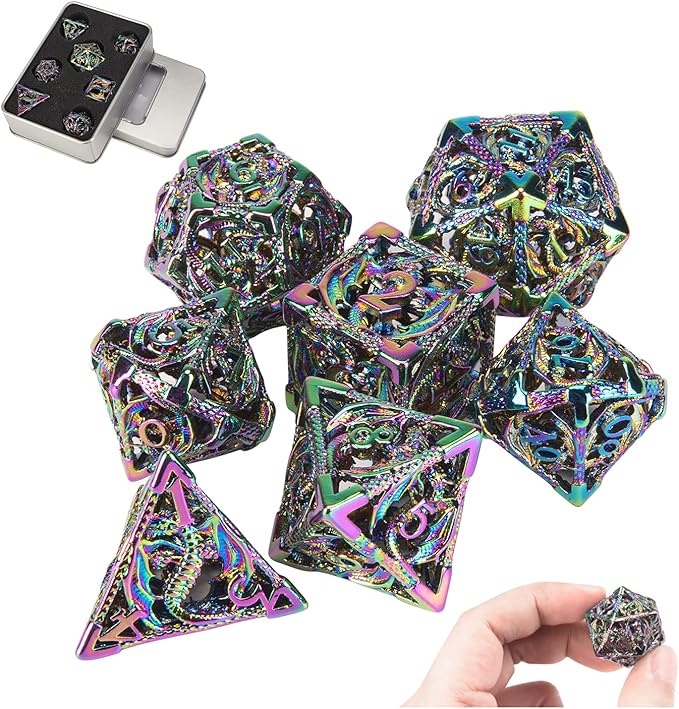 DND Dice,Hollow D&D Metal Dice,Dungeons and Dragons Dice Set with Gift Box,7 PCs Steampunk Polyhedral Dice Games Set for RPG,MTG,Pathfinder,