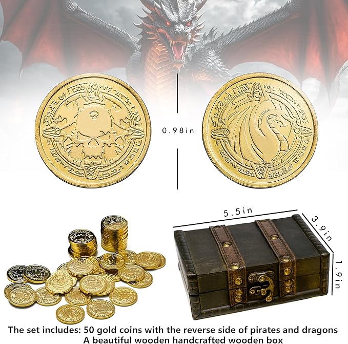 Metal Pirate Coins, 50 Pieces Lots of Toys Gold Coins for Board,for DND Props Accessories, Treasures and Treasure chests Fantasy Dragon Coinsfor RPG Tablelap(Gold 50 Pieces)