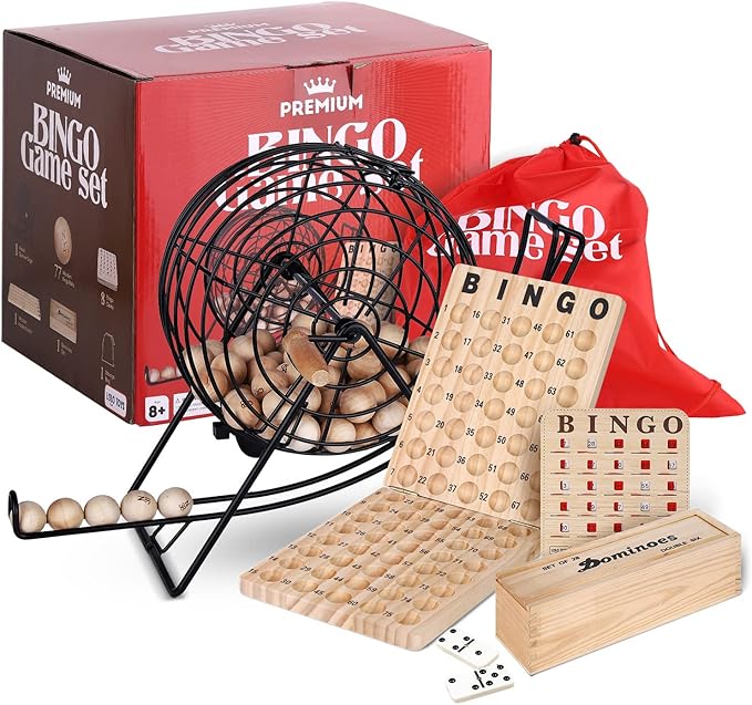 Professional Deluxe Bingo Game Set – Bundle with Dominoes Set – Bingo Balls with Cage – Cards - Storage Bag for Family Kids and Adults