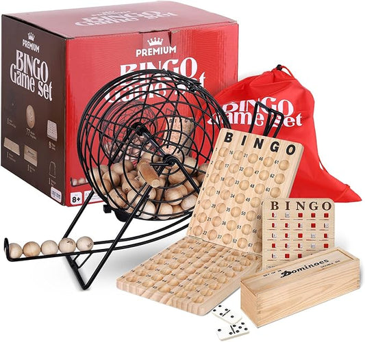 Professional Deluxe Bingo Game Set – Bundle with Dominoes Set – Bingo Balls with Cage – Cards - Storage Bag for Family Kids and Adults