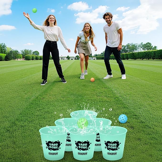 Yard Pong Outdoor Games Glow in Dark with 12 Buckets and 6 Balls, Backyard Toss Games Glow Yard Game for Adults, Family and Kids