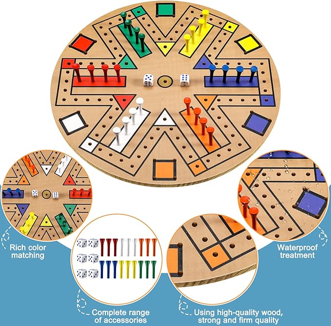 Kathfly Fast Track Board Game Wooden 3-6 Players Board Game Set with 24 Board Game Pieces and 2 Dice, Fast Track Game Night for Adult Teens Family Game, 6 Colors (14.2 Inch)