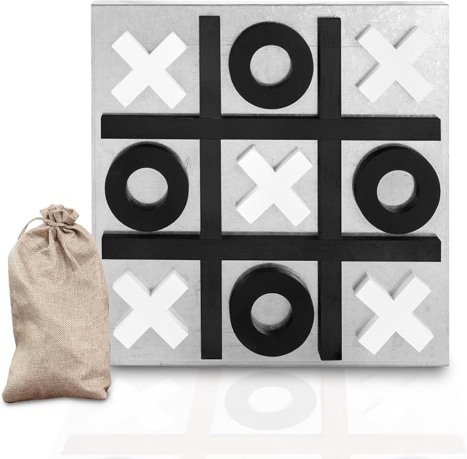 Play Platoon Magnetic Tic Tac Toe Game - Large Metal and Wooden Wall Mounted Board Games - 13.5 Inch Table Top or Wall Mounted Farmhouse Rustic for Game Room - Black & White
