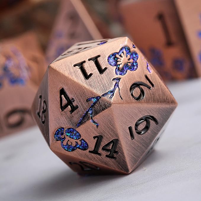 DNDND Metal Dice, 7 PCS Heavy Solid Metallic Flower DND Dice Set with Gorgeous Gift Case for D&D Dungeons and Dragon Tabletop Game (Ancient Copper)