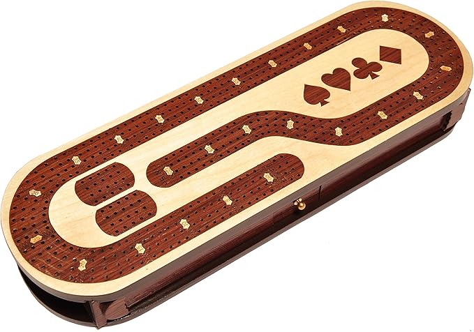 PALM ROYAL HANDICRAFTS 4 Track Wooden Cribbage Board Set Inlaid in Rose Wood and Maple Wood with pegs and Cards. Storage Available. 4 Player Cribbage Board (15 x 5 Inches)
