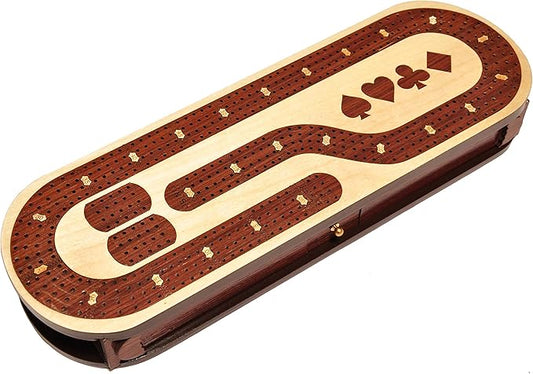 PALM ROYAL HANDICRAFTS 4 Track Wooden Cribbage Board Set Inlaid in Rose Wood and Maple Wood with pegs and Cards. Storage Available. 4 Player Cribbage Board (15 x 5 Inches)