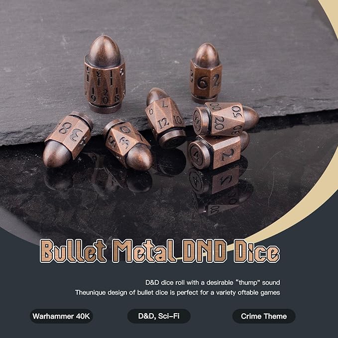 Bullet Dice PCCECQEE,Metal DND Dice Set of 7 Piece,Large D20 Dice Polyhedral Role Playing for Dungeons and Dragons MTG RPG Board Games (Copper)