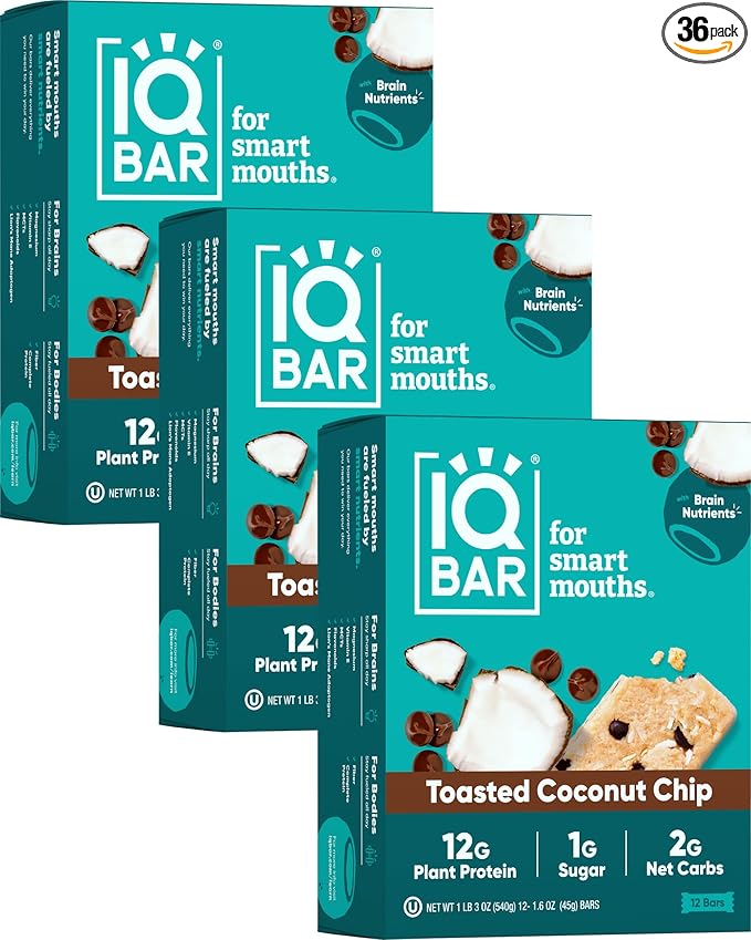 IQBAR Brain and Body Plant Protein Bars - Toasted Coconut Chip - 36-Count Low Carb - Gluten Free, High Fiber, Vegan Snacks - Low Sugar Meal Replacement