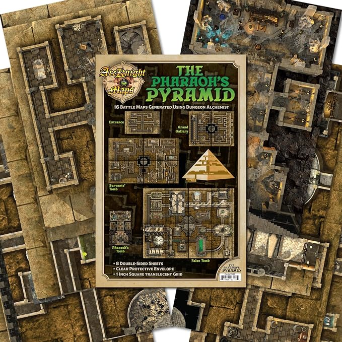 Arcknight The Pharaoh’s Pyramid map Pack - 16 Modular RPG Maps in 8 Double-Sided Pages, 1" Square Grid, Modular & Versatile Design for Tabletop Gaming - BattleMaps for Dungeons & Dragons & More