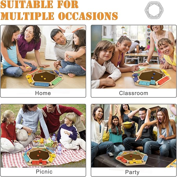 Shut The Box Game, 1-6 Players Wooden Board Dice Game with 14 Dice for Kids and Adults, Classical Tabletop Math Strategy Game for Family Home Classroom Pub